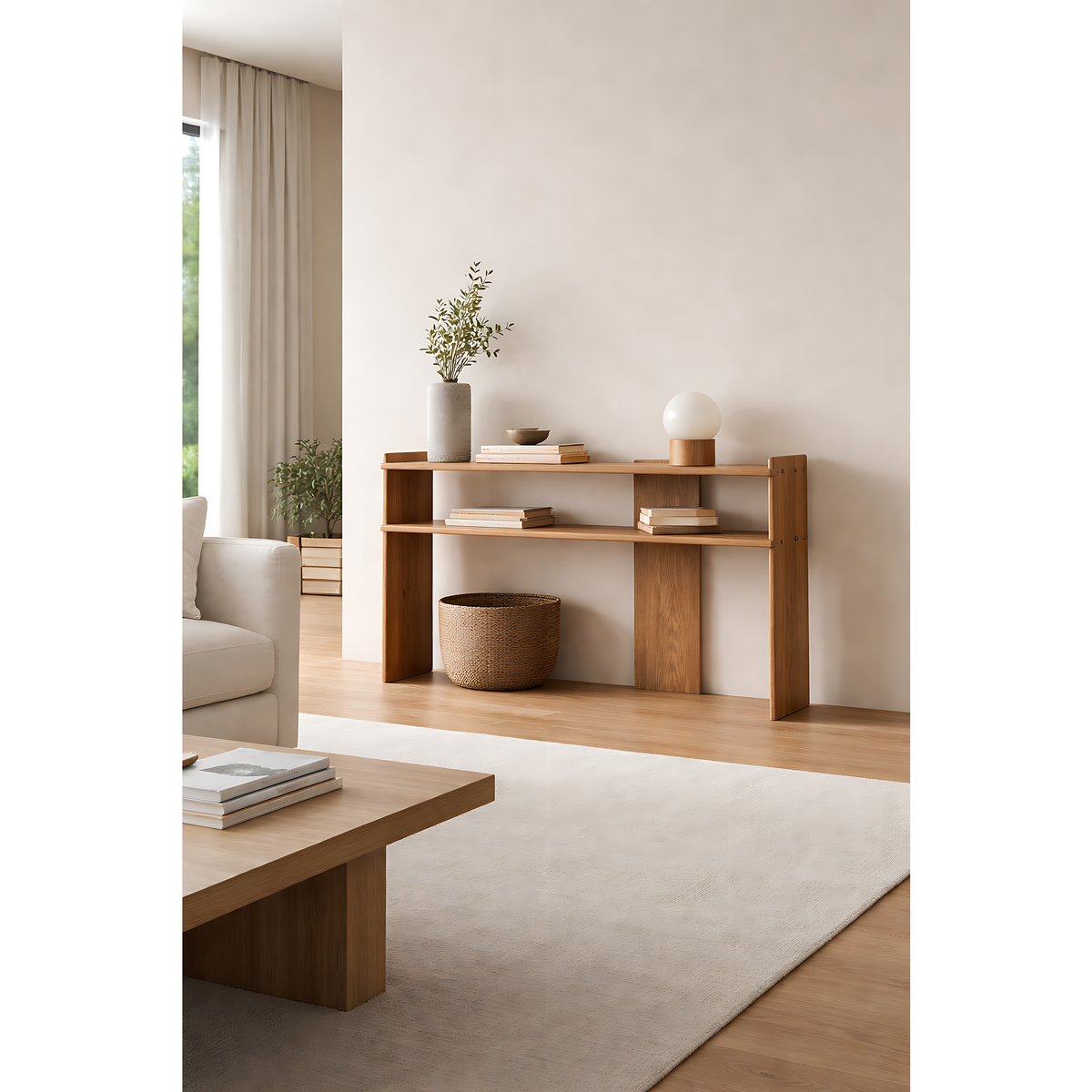 Solid rubber wood modern console table with open design